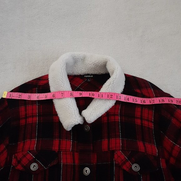 Torrid Women's Size 5X Red Plaid Sherpa Collar Button Up Trucker Jacket - Picture 10 of 14
